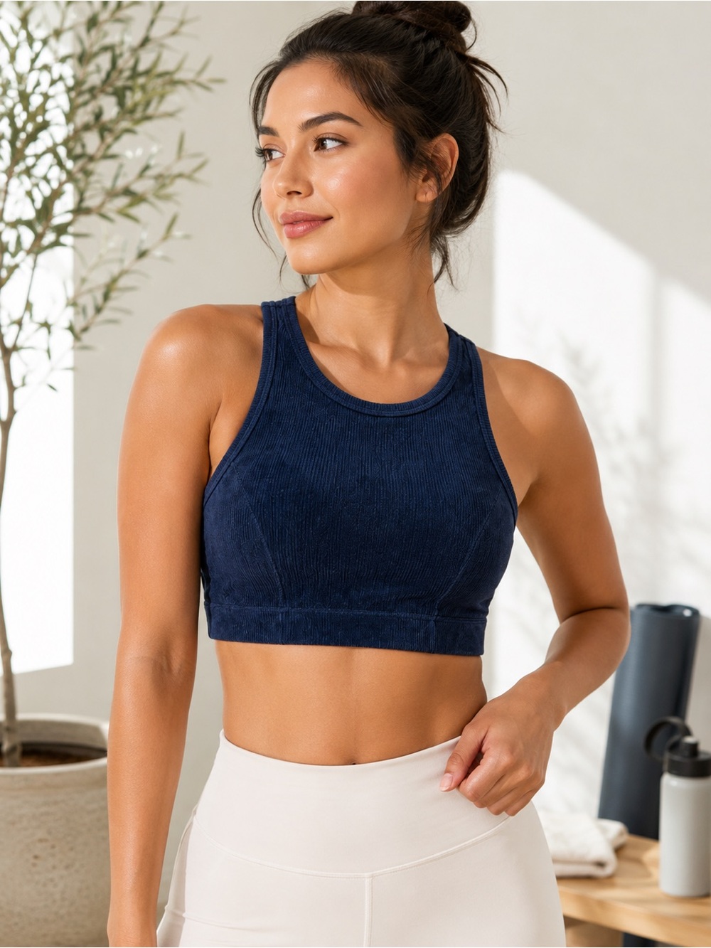Aerie Ribbed High Neck Sports Bra Navy Blue Racerback Athleisure Size Large